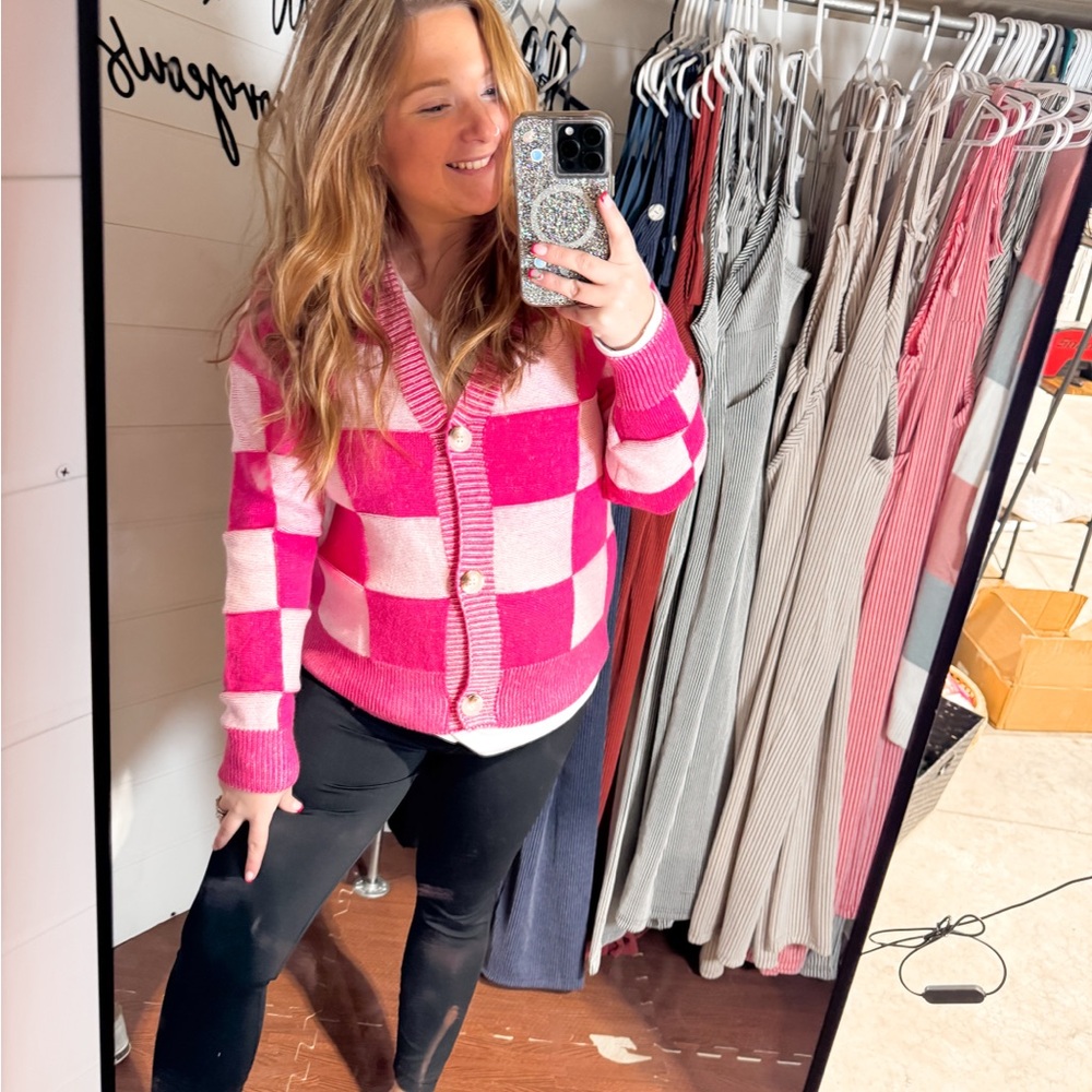 Vibrant Pink and White Women's Checkered Cardigan